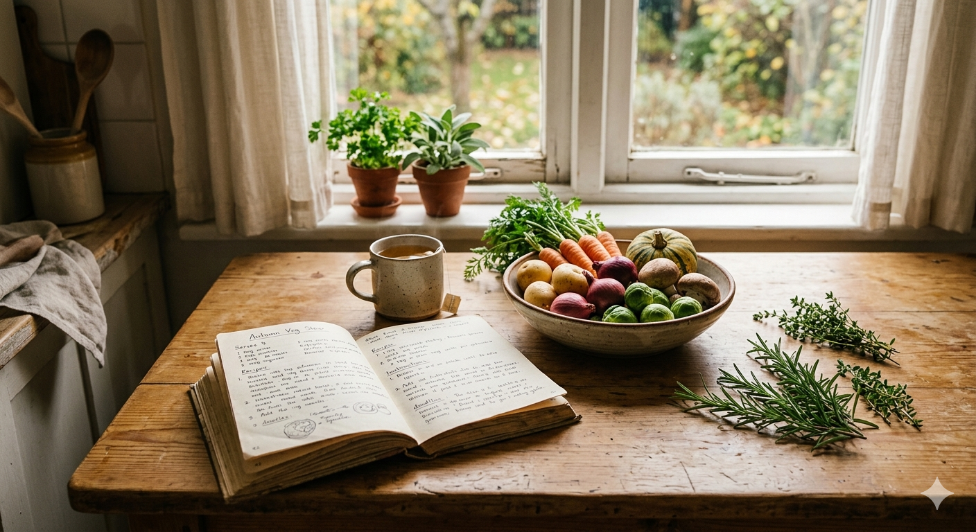 A warmly lit farmhouse kitchen table with fresh vegetables and a family meal
